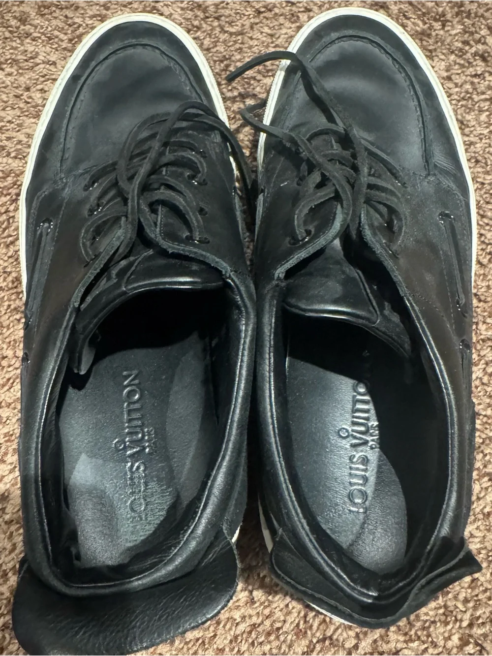 Louis Vuitton Black Leather Boat Shoes with White Trim